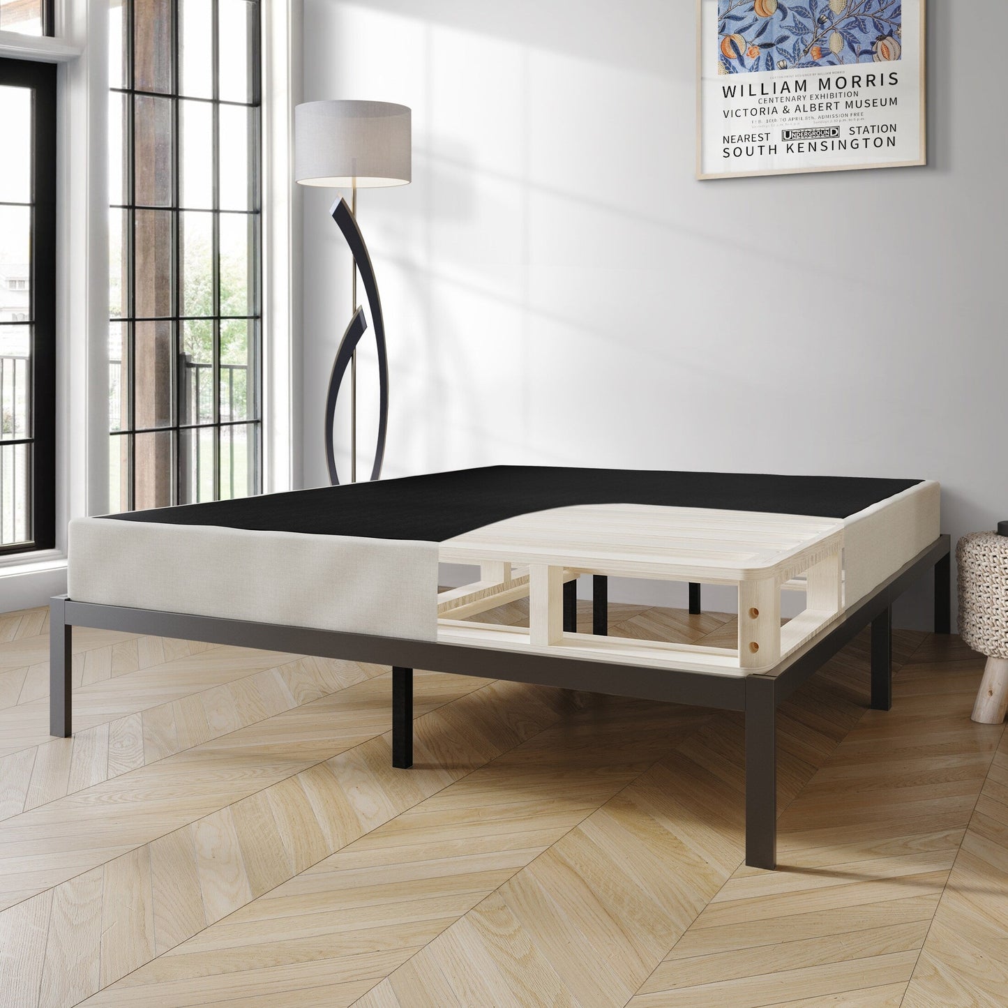 Base per letto a molle in legno massello CraftPorch da 5 pollici con doghe in legno e rivestimento in lino grigio caldo