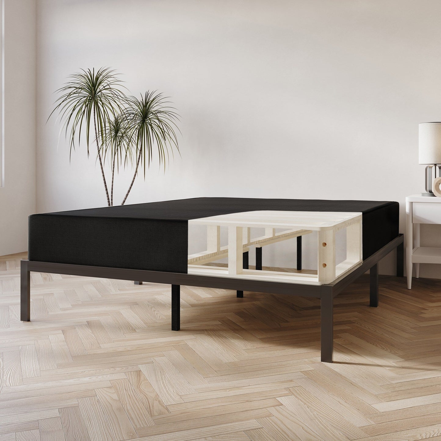 Base per letto a molle in legno massello CraftPorch da 8 pollici con doghe in legno e rivestimento in lino nero