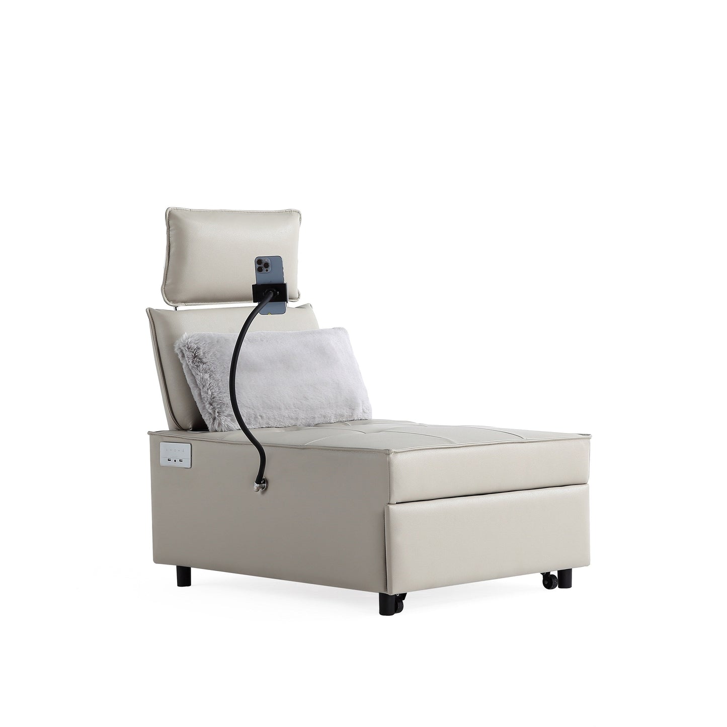 Divano letto in pelle color crema con altoparlante Bluetooth e porte USB