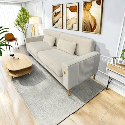 Divano moderno in velluto bianco crema 85.63 a 3 posti con dettagli dorati e cuscini morbidi per il soggiorno