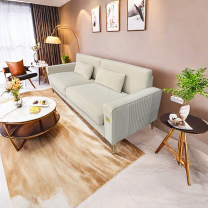 Divano moderno in velluto bianco crema 85.63 a 3 posti con dettagli dorati e cuscini morbidi per il soggiorno