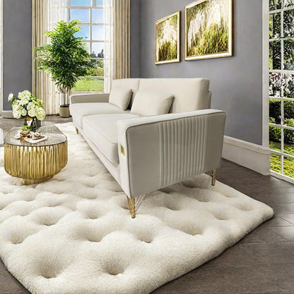 Divano moderno in velluto bianco crema 85.63 a 3 posti con dettagli dorati e cuscini morbidi per il soggiorno