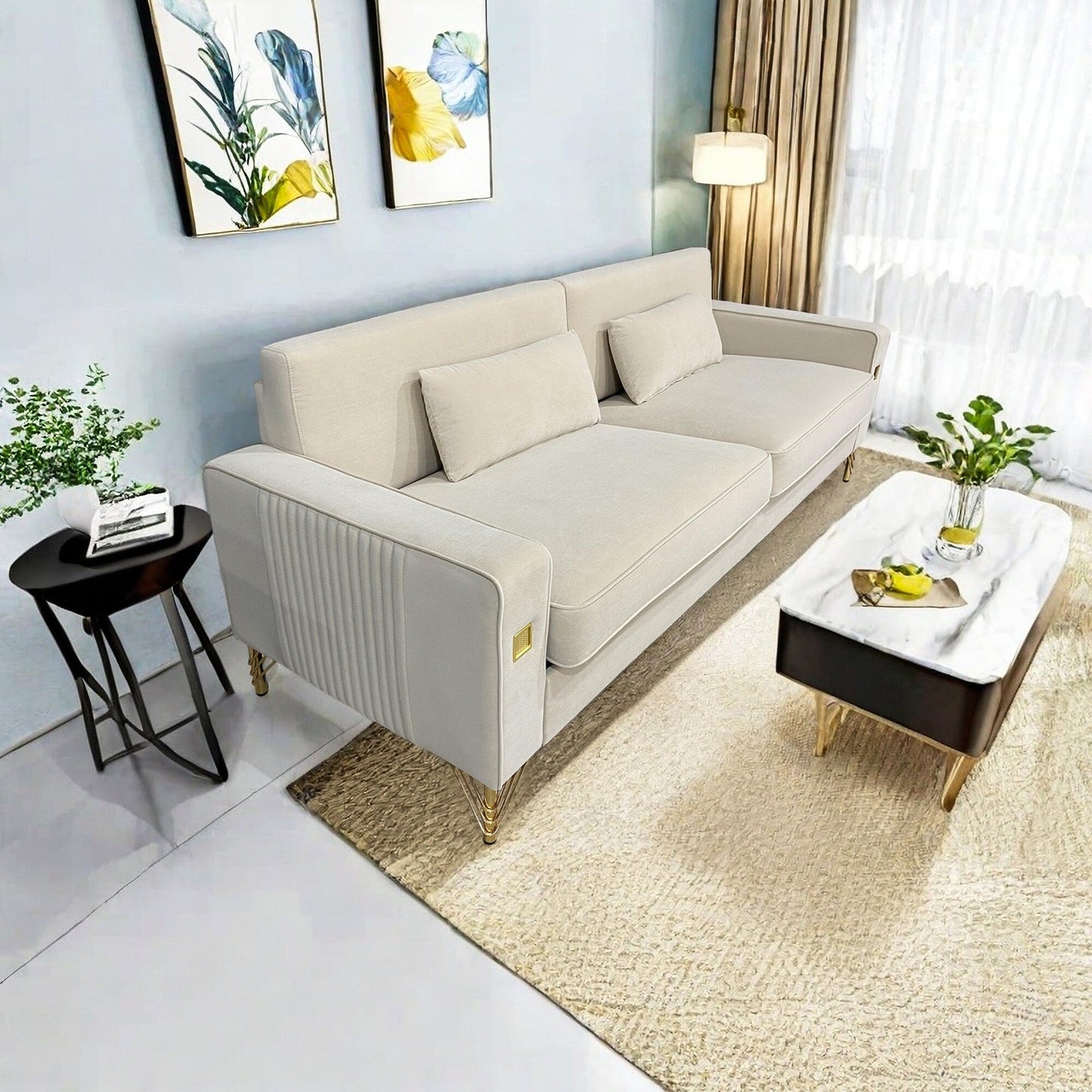 Divano a 3 posti in velluto bianco crema con dettagli dorati