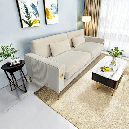 Divano a 3 posti in velluto bianco crema con dettagli dorati