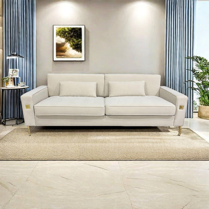 Divano a 3 posti in velluto bianco crema con dettagli dorati
