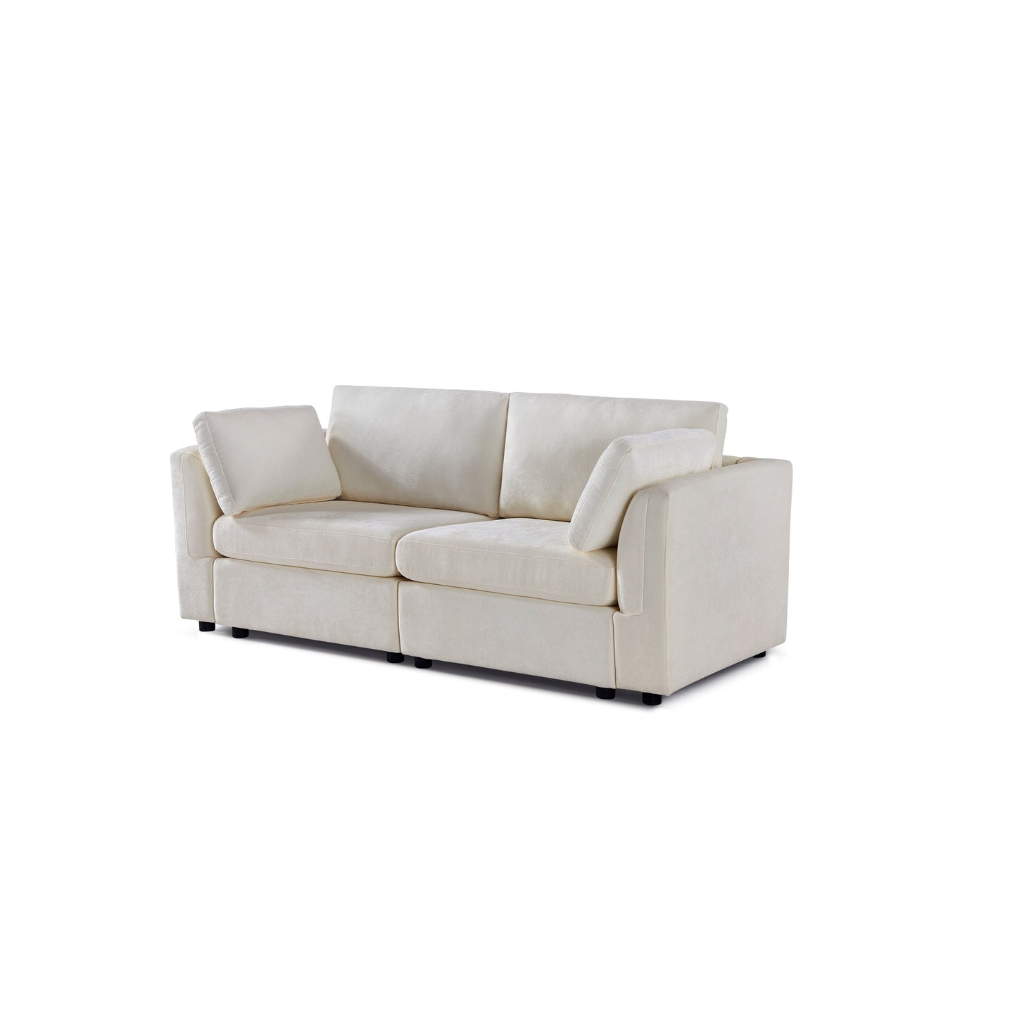 Divano componibile in ciniglia bianco crema con struttura in legno