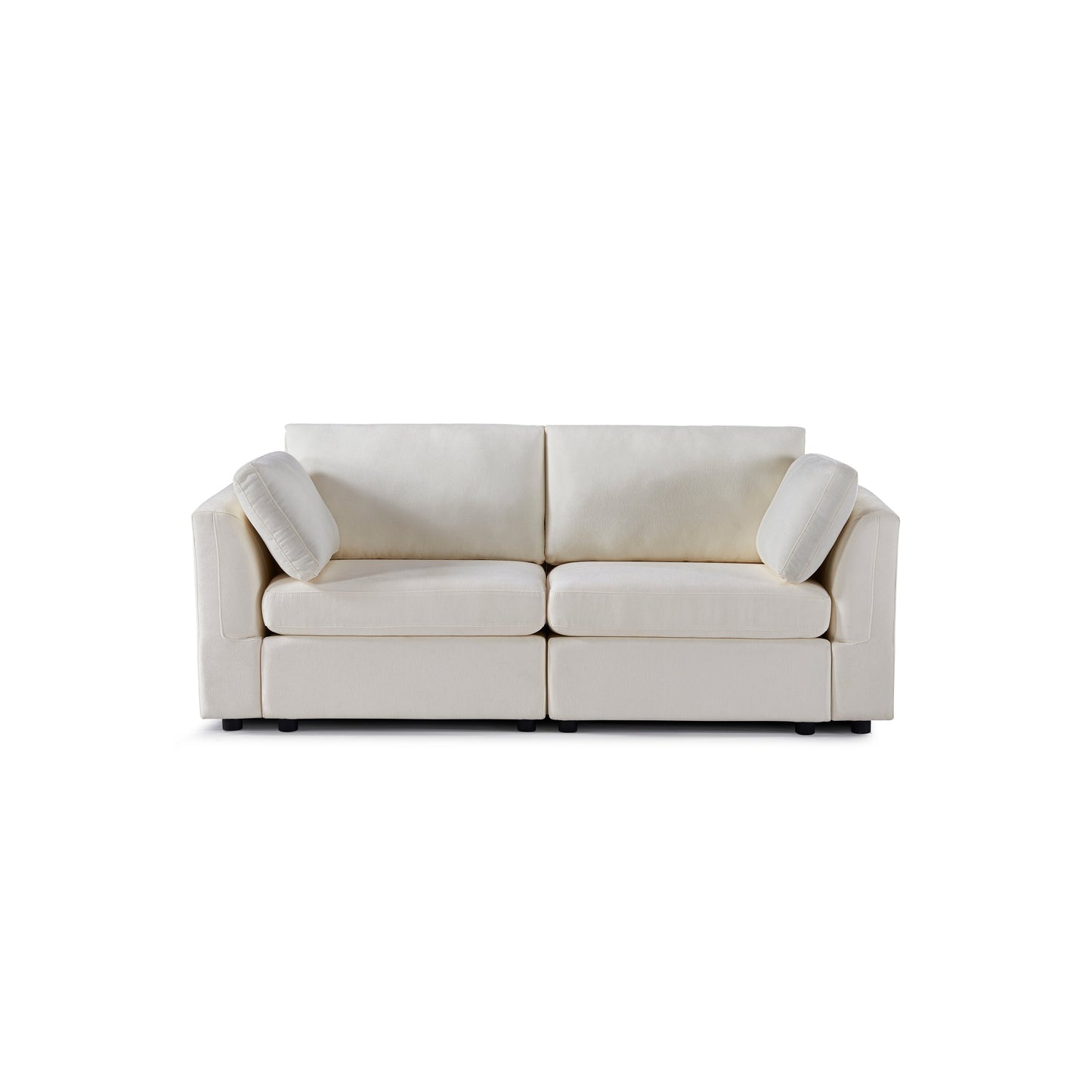 Divano componibile in ciniglia bianco crema con struttura in legno