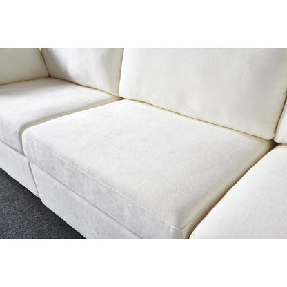 Divano componibile in ciniglia bianco crema con struttura in legno