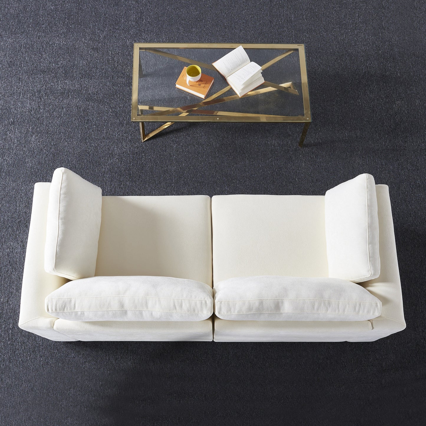 Divano componibile in ciniglia bianco crema con struttura in legno