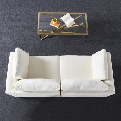 Divano componibile in ciniglia bianco crema con struttura in legno