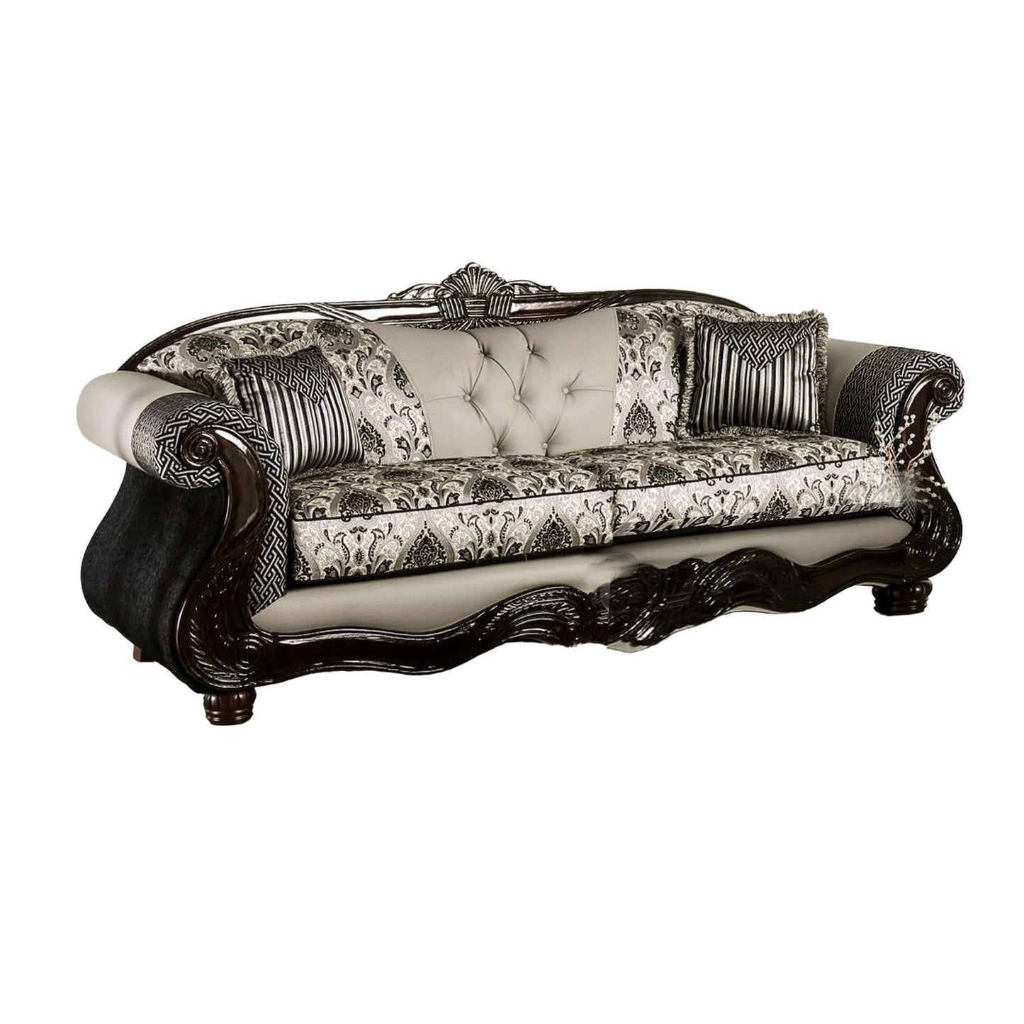 Divano Cresi, nero, ciniglia grigia, similpelle, 2 cuscini, 94 pollici