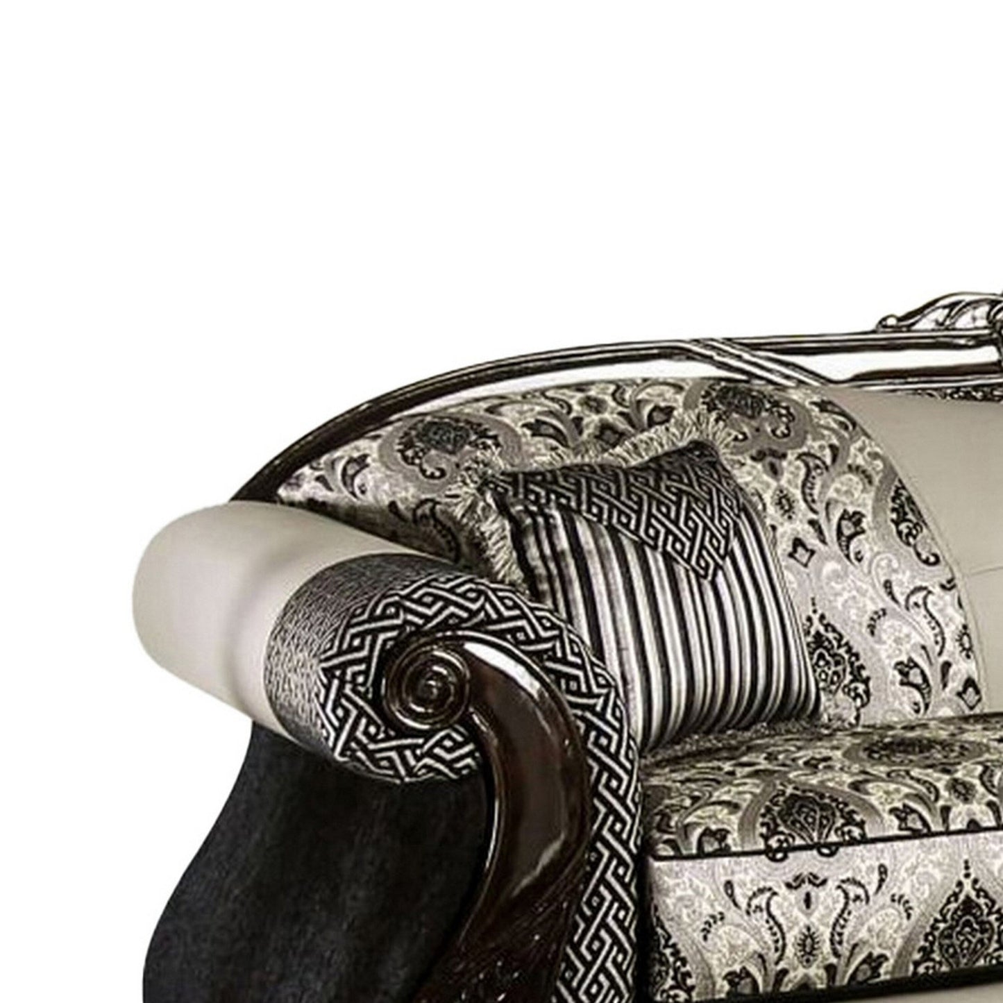 Divano Cresi, nero, ciniglia grigia, similpelle, 2 cuscini, 94 pollici