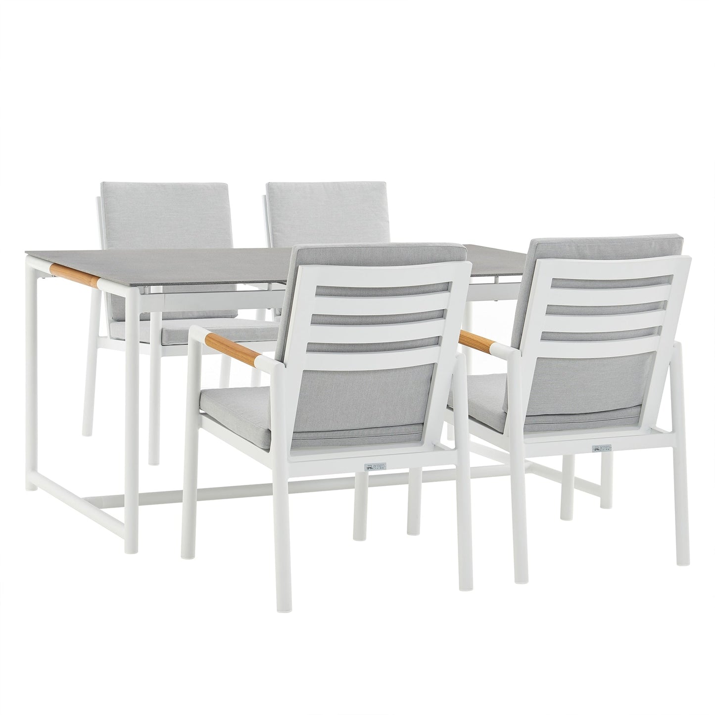 Set da pranzo da esterno Crown in alluminio e teak da 5 pezzi con tessuto grigio