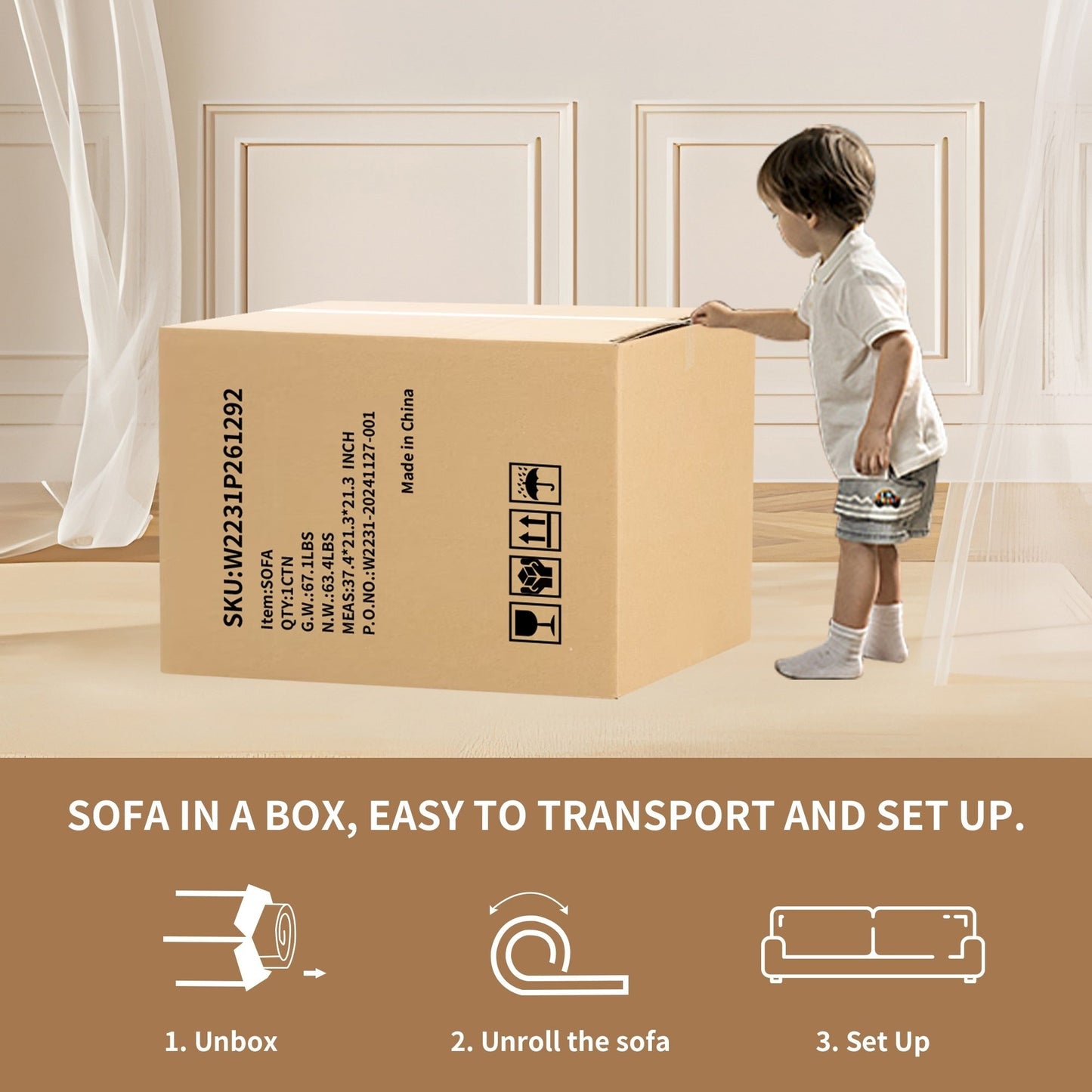 Divano curvo a due posti in spugna a compressione completa 30D in ciniglia, senza montaggio