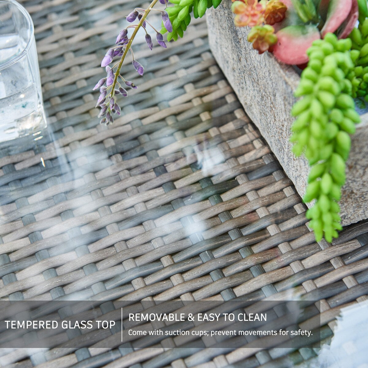 Set da conversazione per patio in vimini per tutte le stagioni, 3 pezzi, componibile per esterni, beige