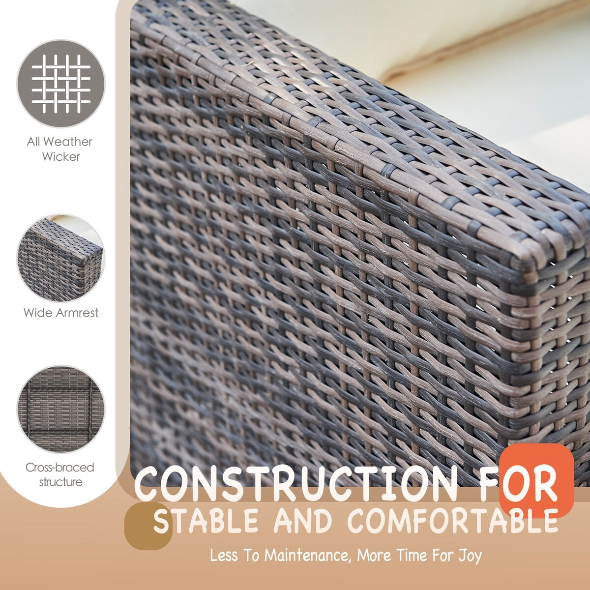 Set da conversazione per patio in vimini per tutte le stagioni, 3 pezzi, componibile per esterni, beige