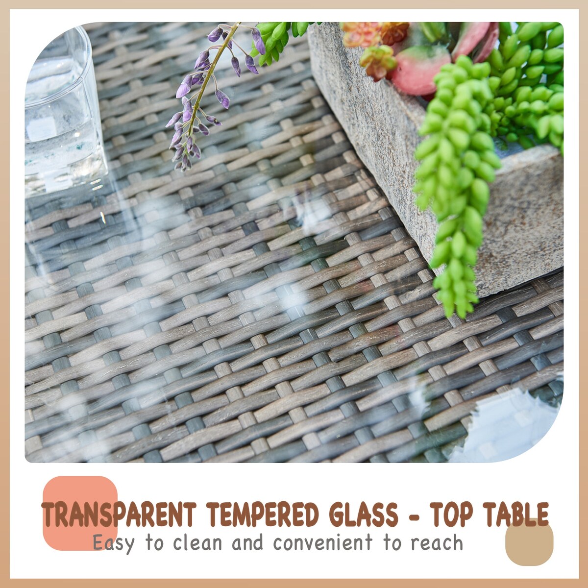 Set da conversazione per patio in vimini per tutte le stagioni, 3 pezzi, componibile per esterni, beige