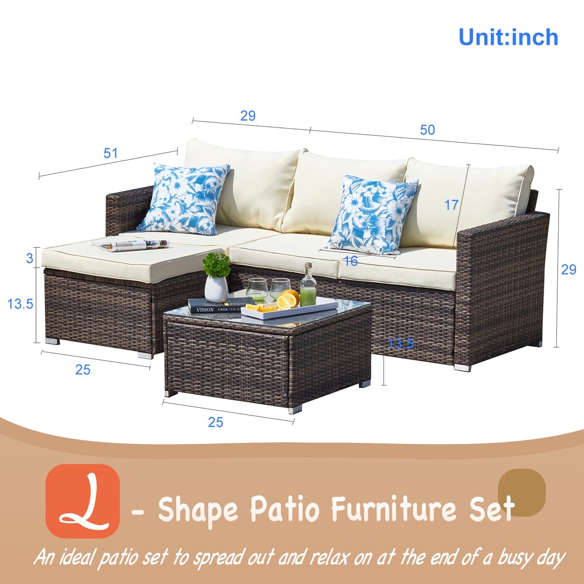 Set da conversazione per patio in vimini per tutte le stagioni, 3 pezzi, componibile per esterni, beige