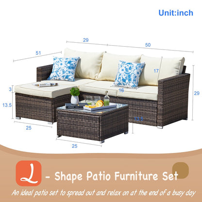 Set da conversazione per patio in vimini per tutte le stagioni, 3 pezzi, componibile per esterni, beige