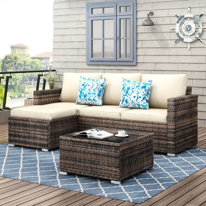 Set da conversazione per patio in vimini per tutte le stagioni, 3 pezzi, componibile per esterni, beige