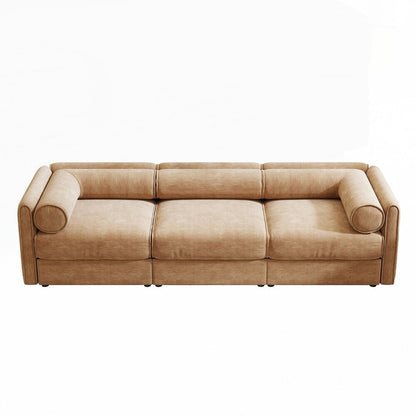 Divano in ciniglia con schienale e braccioli cilindrici e seduta contenitore