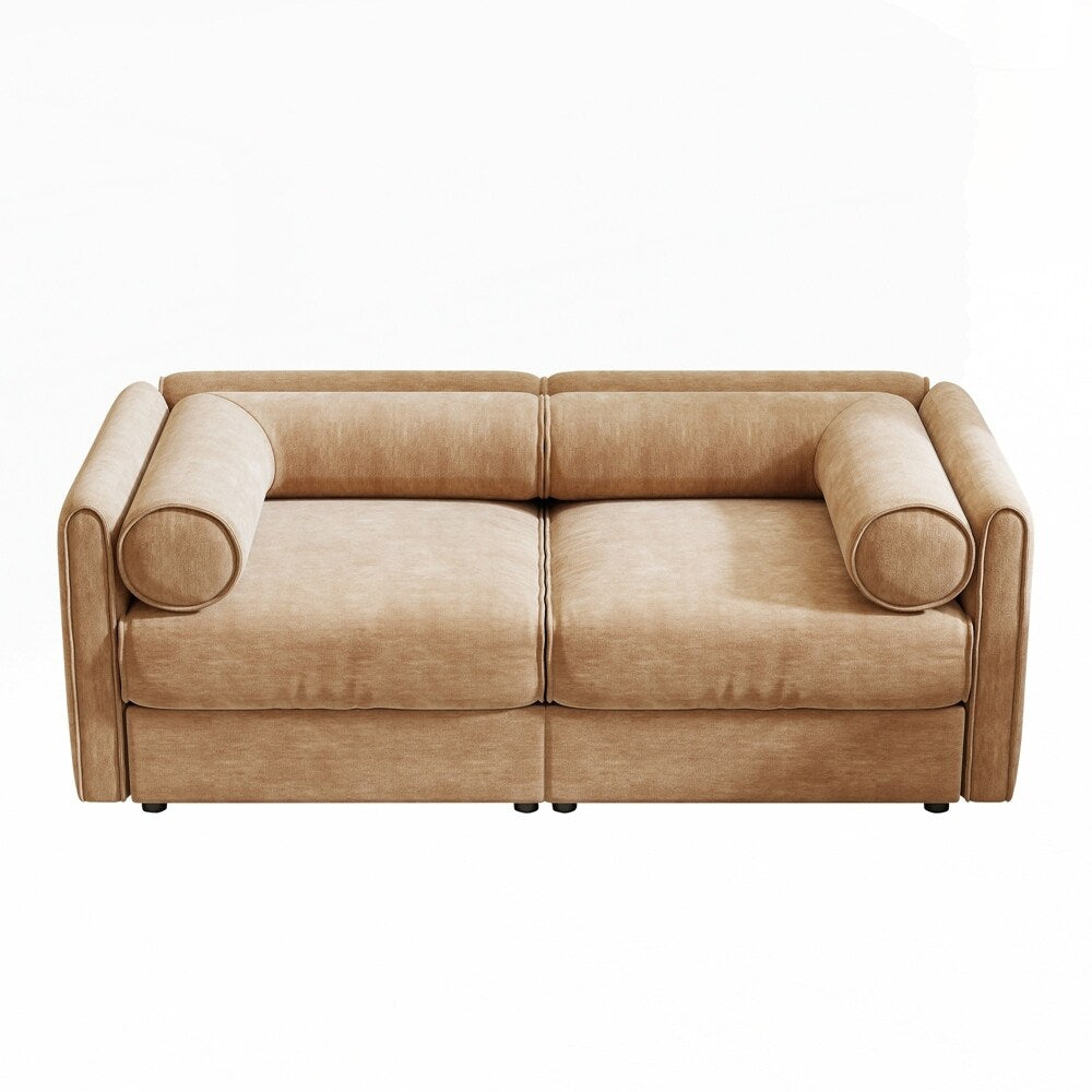 Divano in ciniglia con schienale e braccioli cilindrici e seduta contenitore