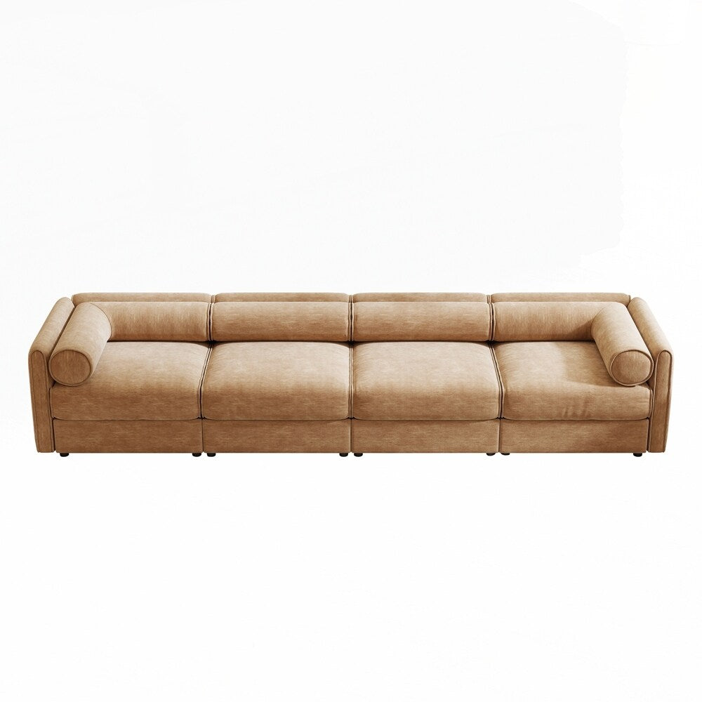 Divano in ciniglia con schienale e braccioli cilindrici e seduta contenitore