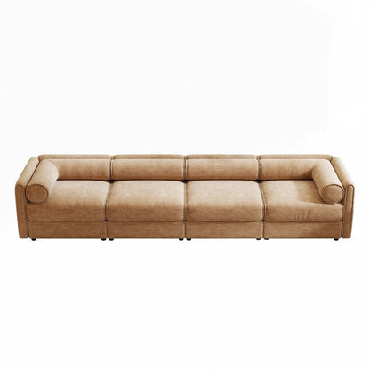 Divano in ciniglia con schienale e braccioli cilindrici e seduta contenitore