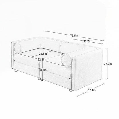 Divano in ciniglia con schienale e braccioli cilindrici e seduta contenitore