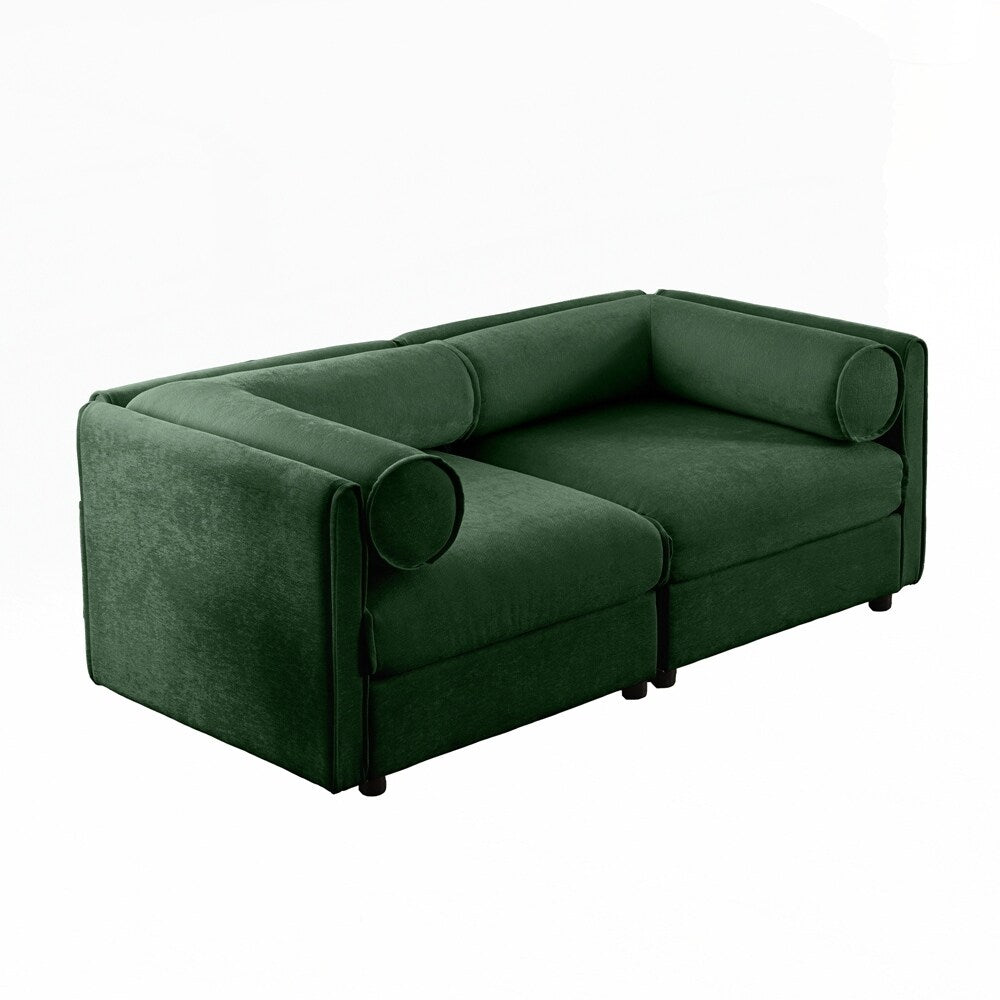 Divano in ciniglia con schienale e braccioli cilindrici e seduta contenitore