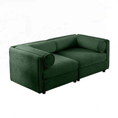 Divano in ciniglia con schienale e braccioli cilindrici e seduta contenitore