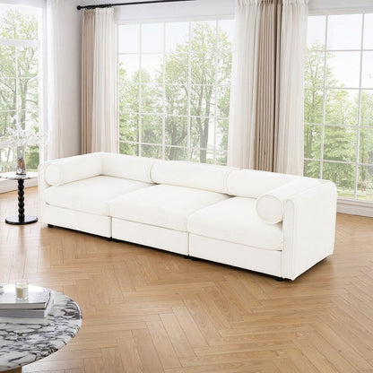 Divano in ciniglia con schienale e braccioli cilindrici e seduta contenitore