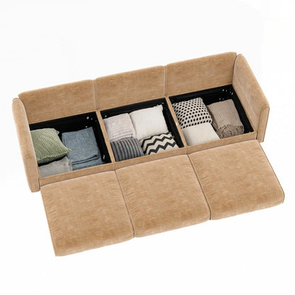 Divano in ciniglia con schienale e braccioli cilindrici e seduta contenitore