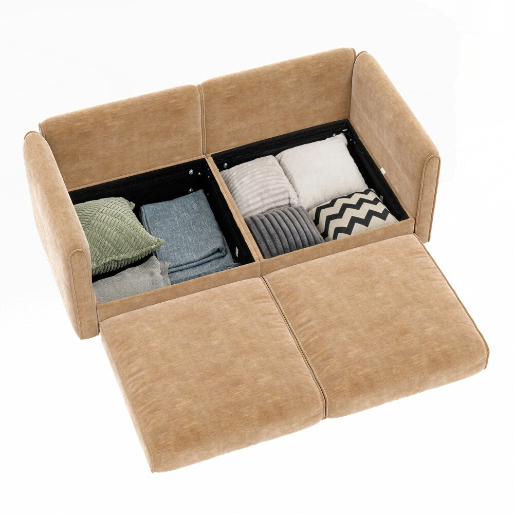 Divano in ciniglia con schienale e braccioli cilindrici e seduta contenitore