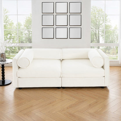 Divano in ciniglia con schienale e braccioli cilindrici e seduta contenitore