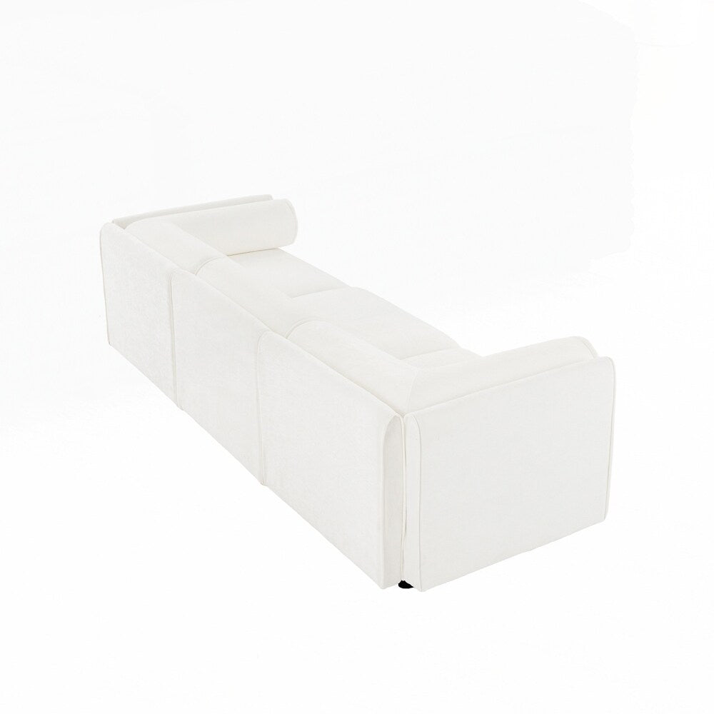 Divano in ciniglia con schienale e braccioli cilindrici e seduta contenitore