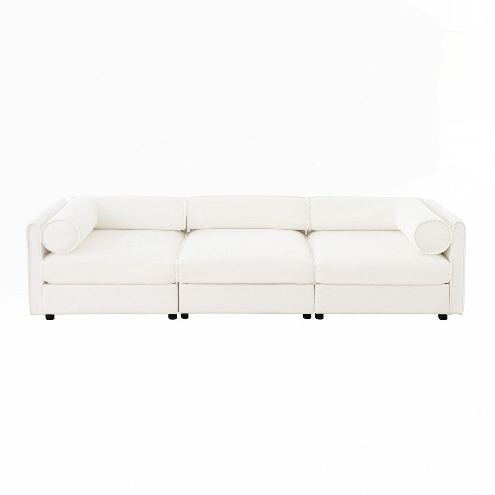 Divano in ciniglia con schienale e braccioli cilindrici e seduta contenitore