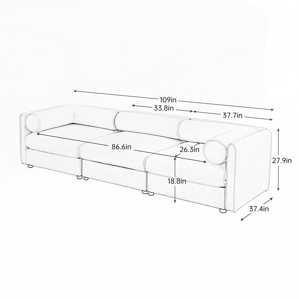 Divano in ciniglia con schienale e braccioli cilindrici e seduta contenitore