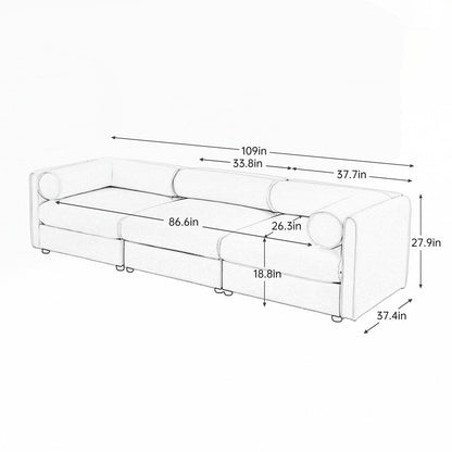 Divano in ciniglia con schienale e braccioli cilindrici e seduta contenitore