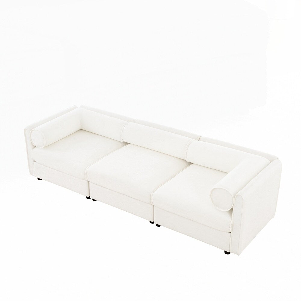 Divano in ciniglia con schienale e braccioli cilindrici e seduta contenitore