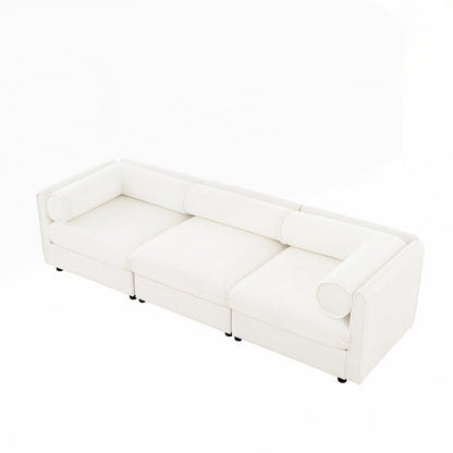 Divano in ciniglia con schienale e braccioli cilindrici e seduta contenitore