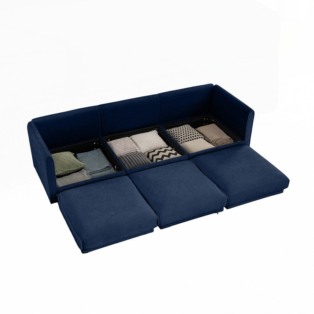 Divano in ciniglia con schienale e braccioli cilindrici e seduta contenitore