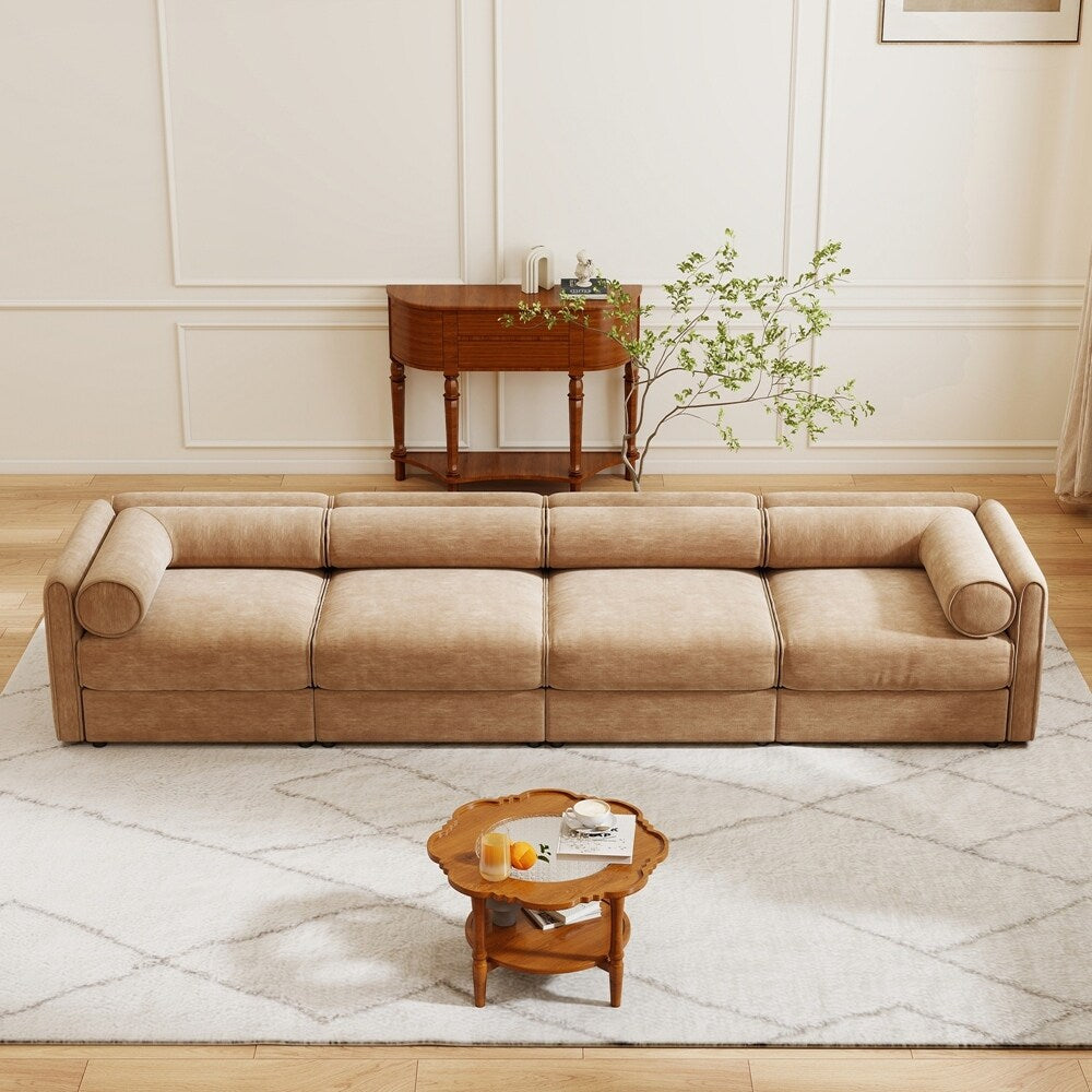 Divano in ciniglia con schienale e braccioli cilindrici e seduta contenitore