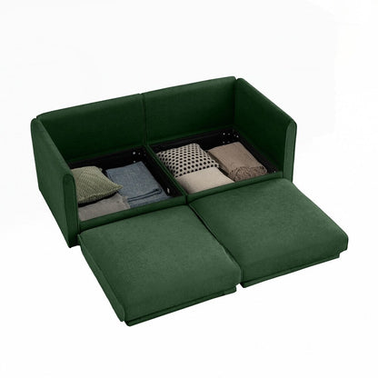 Divano in ciniglia con schienale e braccioli cilindrici e seduta contenitore