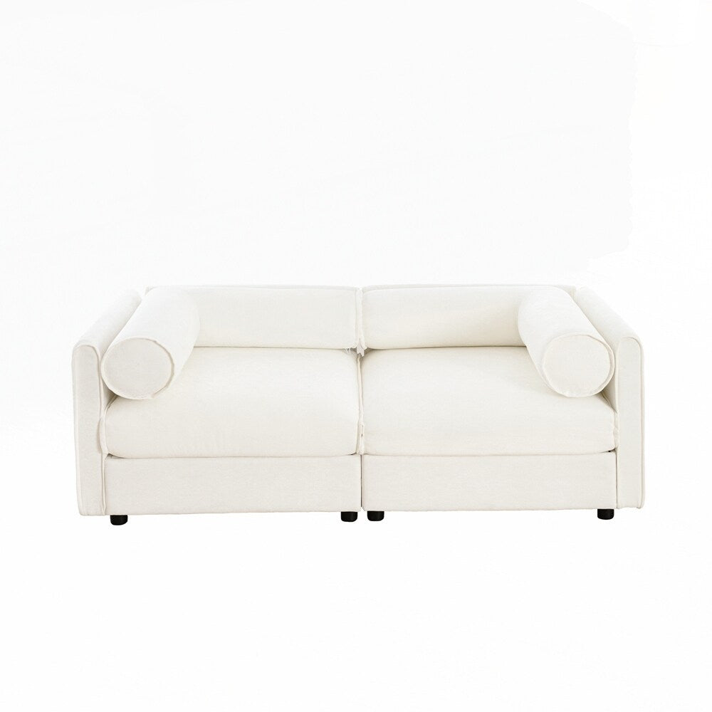 Divano in ciniglia con schienale e braccioli cilindrici e seduta contenitore