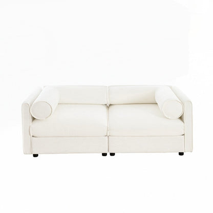 Divano in ciniglia con schienale e braccioli cilindrici e seduta contenitore