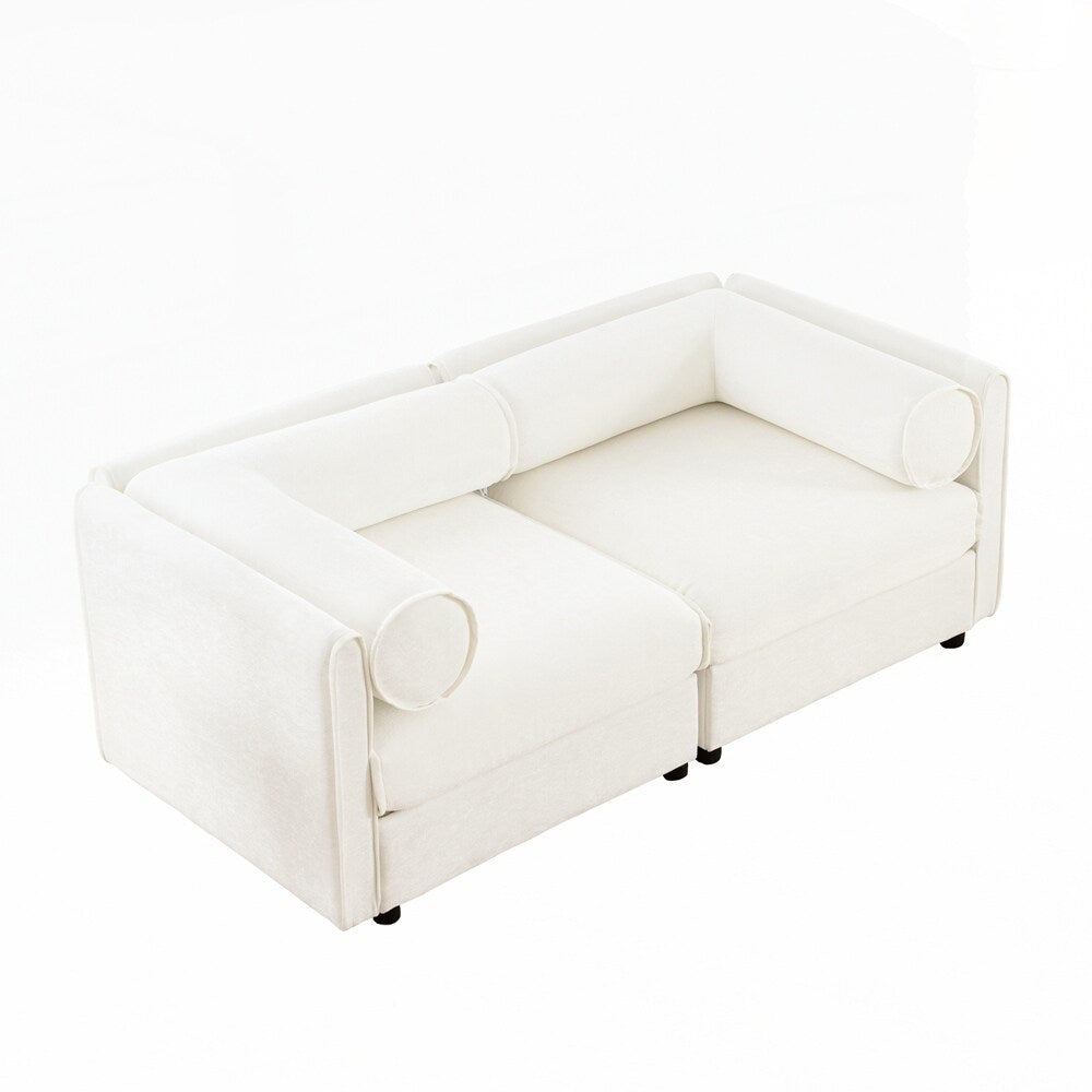 Divano in ciniglia con schienale e braccioli cilindrici e seduta contenitore