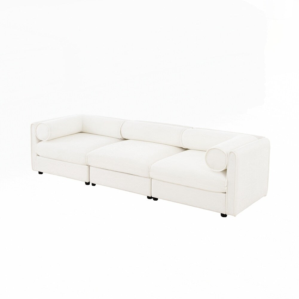 Divano in ciniglia con schienale e braccioli cilindrici e seduta contenitore