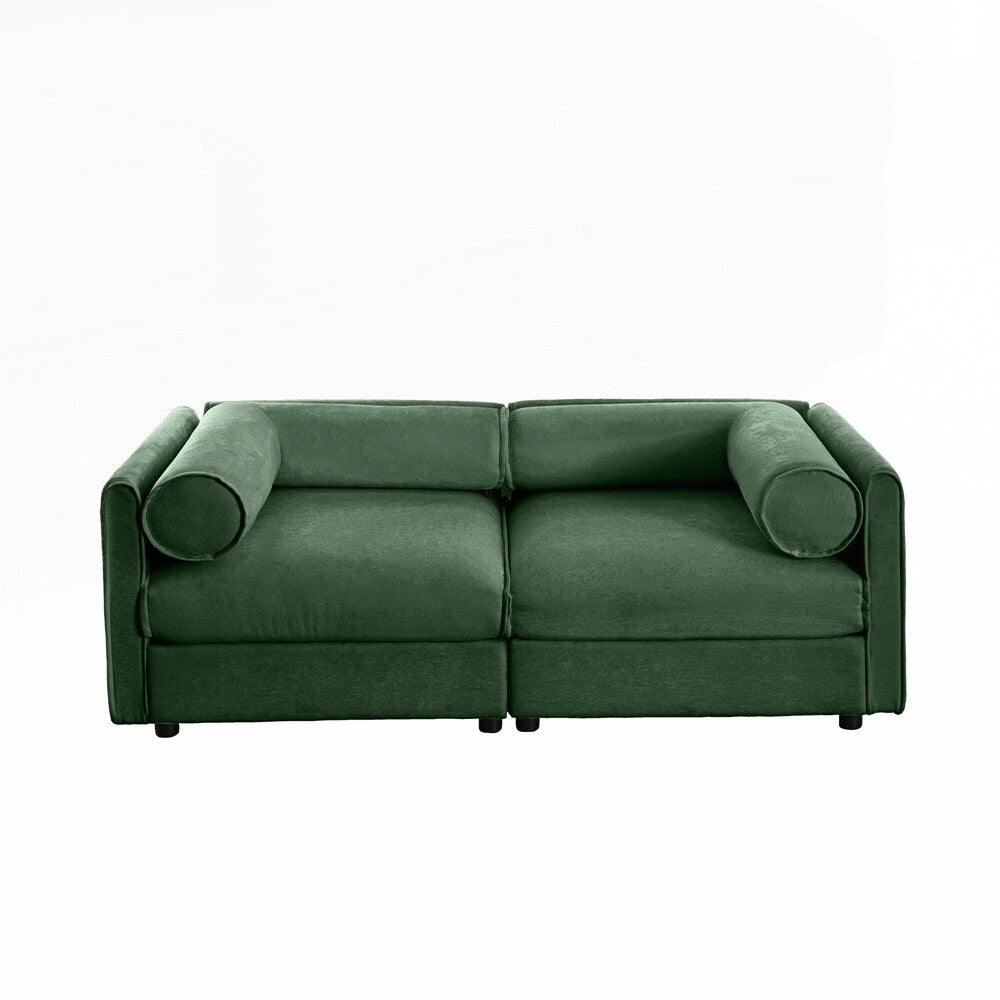 Divano in ciniglia con schienale e braccioli cilindrici e seduta contenitore