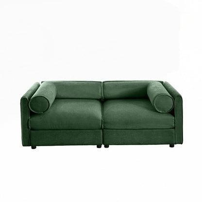 Divano in ciniglia con schienale e braccioli cilindrici e seduta contenitore